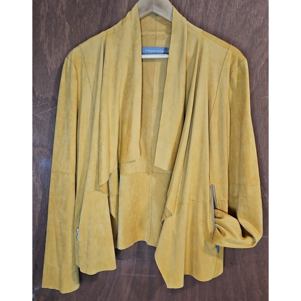 BAGATELLE Open Front Wrap Faux Suede MOTO Jacket Gold Yellow Mustard Sz W/LG EUC